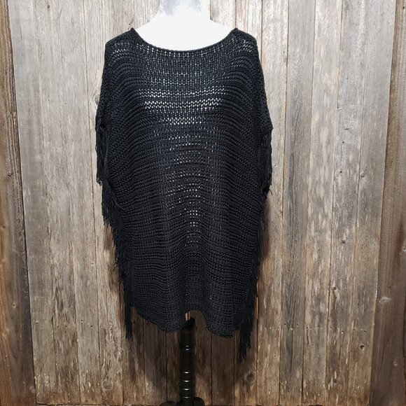 Zara Knit M Tunic Sweater Fringed Black Open Weave Oversized Slouchy Boho - Picture 1 of 5